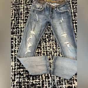 Rock Revival Stylish Distressed Blue Jeans 33x31